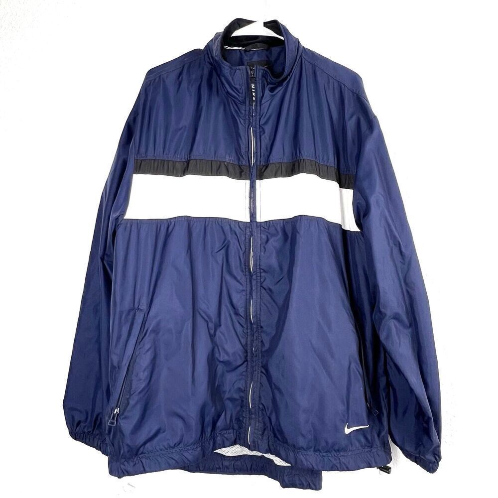 Vtg 90s Nike Full Zip Windbreaker Sz Large Mens Jacket Navy Blue Lined L